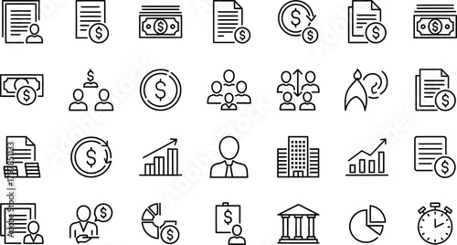 Collection of financial and business icons representing growth investment and management concepts