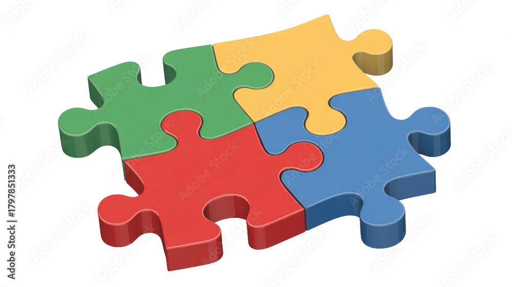 Obraz premium Four brightly colored 3D puzzle pieces, interconnected to form a complete square, symbolizing teamwork, problem-solving, and unity. background removed