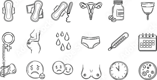 Collection of hand drawn icons representing feminine hygiene products and women s health items