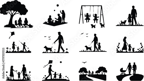 family, outdoor, silhouette, park, activity, children, parents, dog, stroller, swing, kite, ball, bonding, leisure, vector