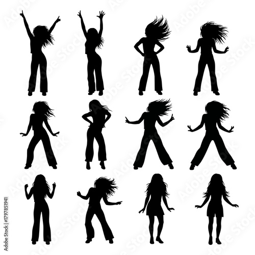"Dancing Woman Silhouette Vector Set – Energetic Female Dance Poses and Movement Illustrations"