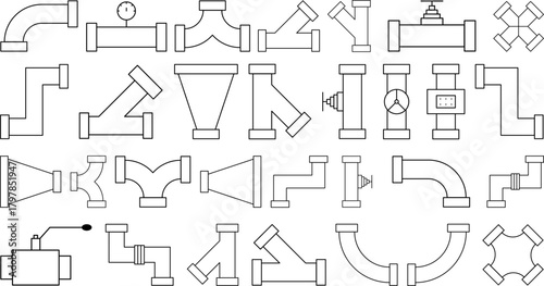 Industrial pipe fittings and plumbing connector illustrations designed as clean vector elements for engineering diagrams, construction plans, and technical design projects.