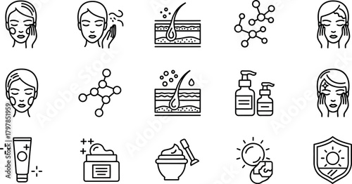 Set of skincare icons representing facial treatments skin layers molecules and beauty products for healthy skin