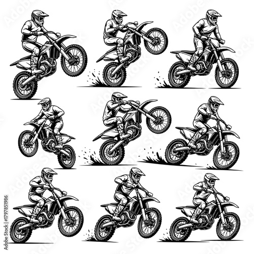 "Motocross Rider Vector Set – Dirt Bike Jumping, Racing, and Off-Road Action Illustrations"