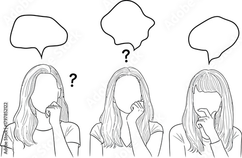 Three diverse women with empty thought bubbles and question marks contemplating a decision