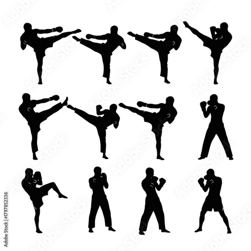 "Martial Arts Fighter Silhouette Set – Kickboxing, Karate, Taekwondo Combat Poses Vector"