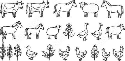 Collection of hand drawn farm animals and plants in a simple sketch style