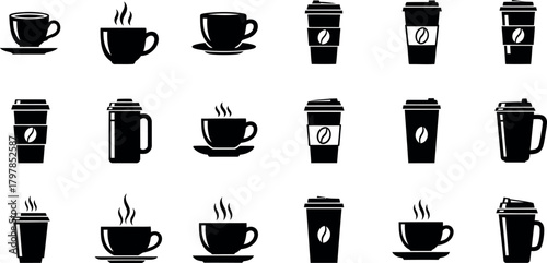 Collection of black and white silhouette icons representing various coffee cups and to go mugs with steam