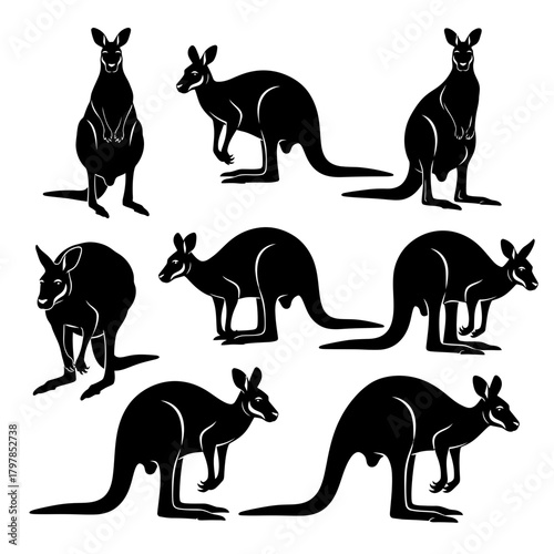 "Kangaroo Silhouette Vector Set in Various Poses"