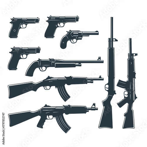 Firearm Weapon Silhouette Vector Set – Rifle, Pistol, Gun Icons Collection