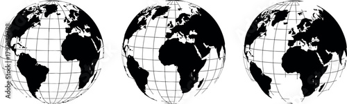 Three textured black and white globes of earth arranged in a row on a white background