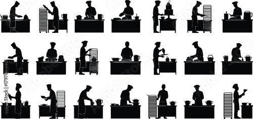 chef, cooking, baking, silhouette, kitchen, food, chopping, stirring, decorating, tray, counter, utensil, professional, culinary, vector