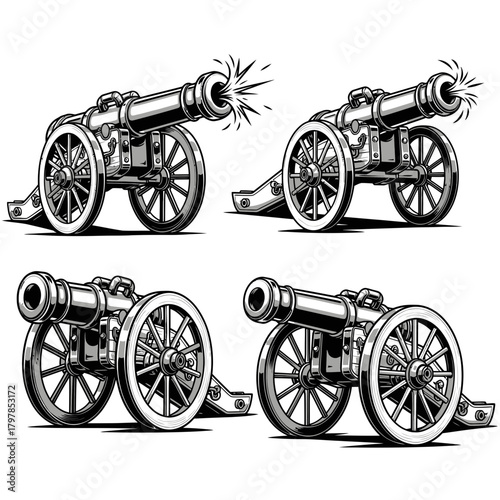 Vintage Cannon Silhouette Set | Old Artillery Gun Vector Illustrations | War History Clipart