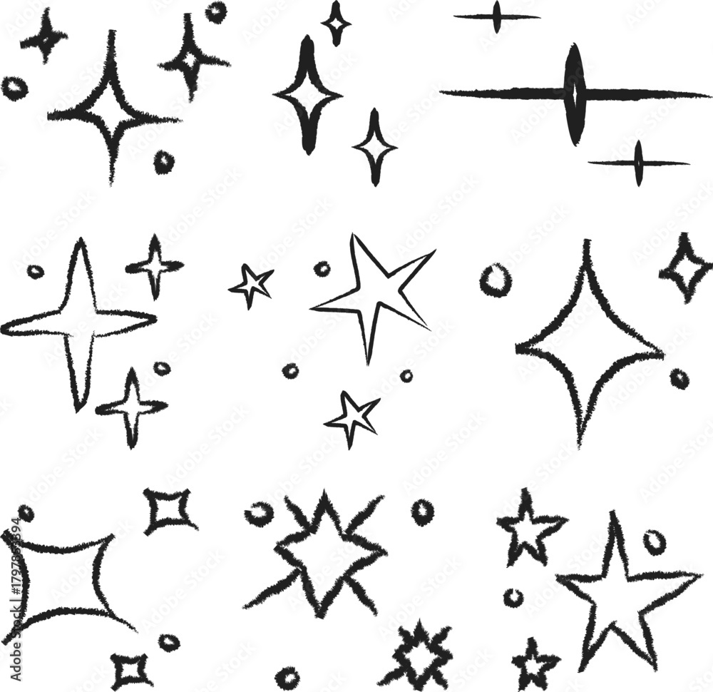 Fototapeta premium Sparkle and star doodles illustrated as magical vector accents for highlighting shine, glow, and decorative details in modern creative graphic projects