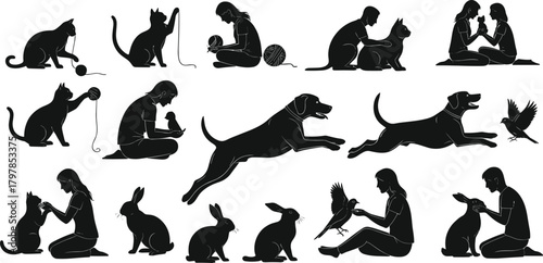 pet, silhouette, animal, human, interaction, dog, cat, rabbit, bird, play, care, bonding, companion, nurturing, vector