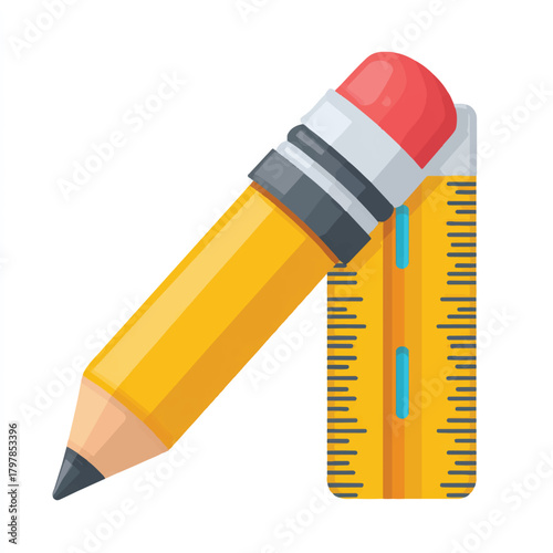 Cartoon illustration of a yellow pencil with a red eraser aligned with a ruler on a clean white background making it ideal for educational designs