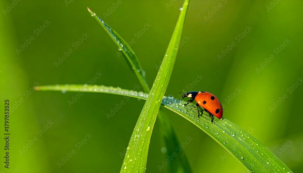 Fototapeta premium Close-up of a red ladybug with black spots resting on a green leaf covered in water droplets, set against a soft green background.
