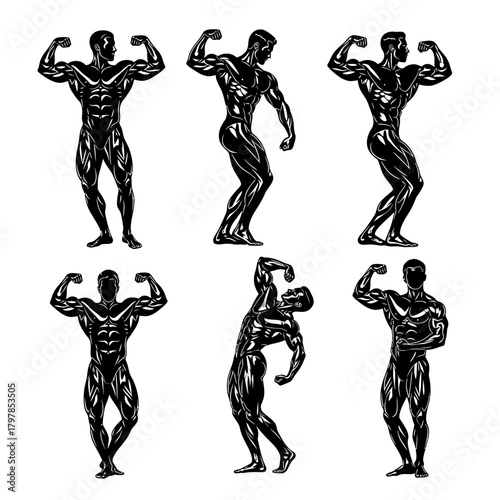 "Bodybuilder Flexing Silhouette Vector Poses"
