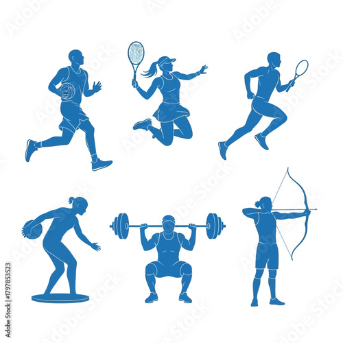 Multi-Sport Athlete Silhouette Set – Running, Tennis, Weightlifting, Basketball, Archery Clipart