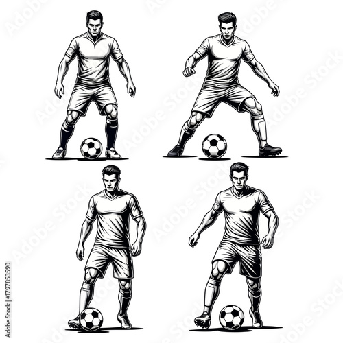 "Football Player Silhouette Vector Illustration Standing with Soccer Ball"
