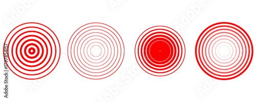 Red concentric ripple circles set. Sonar or sound wave rings collection. Epicentre, target, radar icon concept. Radial signal or vibration elements. Halftone vector illustration