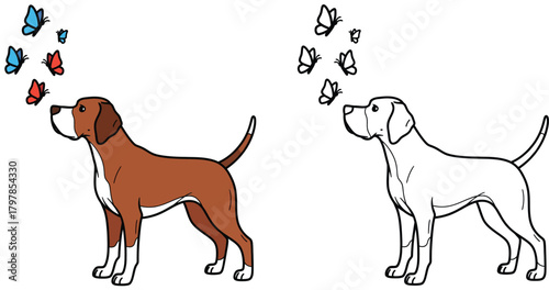 Curious Dog Gazing at Colorful Butterflies in a Serene Outdoor Scene - Perfect for Pet and Nature Enthusiasts