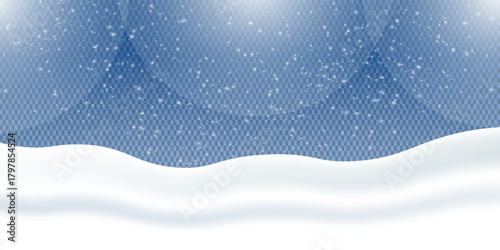 Snow realistic landscape background with snowfall and snowflakes. Vector