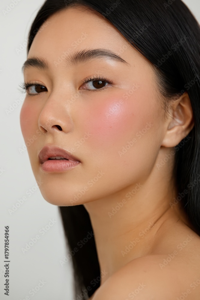 Fototapeta premium Close-up of stunning Asian woman with radiant complexion and rosy blush for beauty, skincare, and cosmetics advertising campaigns or editorial content