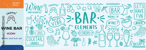 Hand drawn ink line food and wine or champagne drawings. Sketch style Illustrations for wedding celebration invitations,