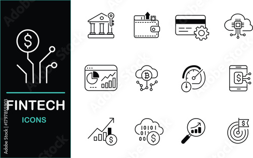 Fintech Vector Line Icon Set – Finance, Banking, Payment Systems, Money Management, Digital Wallet, Cryptocurrency, Blockchain, Cybersecurity, Big Data, Data Analytics, Artificial Intelligence, IT Net