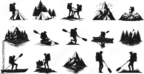 adventure, nature, silhouette, hiking, camping, kayaking, paddleboarding, mountain, forest, tent, canoe, outdoor, travel, water, vector