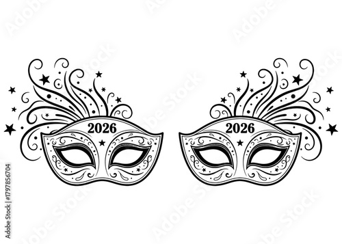  Happy New Year 2026. Ornate carnival masks for a masquerade ball. Black and white festive vector illustration with stars and swirls.
