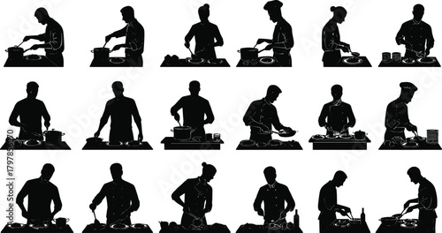 cooking, kitchen, silhouette, chef, food, chopping, stirring, plating, washing, baking, home, professional, culinary, task, vector