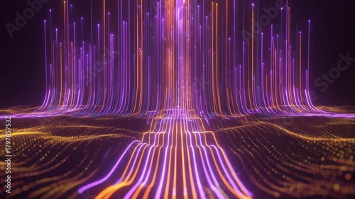 Abstract Digital Landscape of Glowing Neon Lines and Particles Ascending Upwards image photo