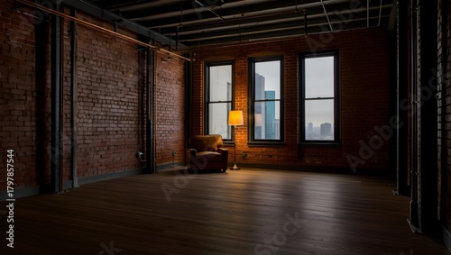 An empty loft with exposed brick walls, hardwood floors, and large windows overlooking a city skyline, illuminated by a single lamp, creating a warm and inviting atmosphere