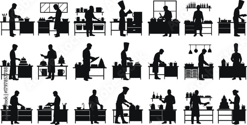 chef, cooking, silhouette, kitchen, chopping, stirring, baking, plating, serving, utensils, stove, pan, culinary, food, vector