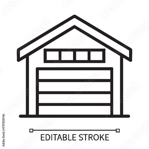 A simple line drawing depicts a classic garage with a large door and small window elements