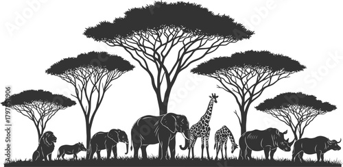 Silhouette of african safari animals and acacia trees on white background
