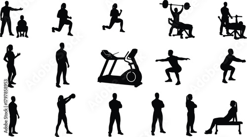 gym, fitness, silhouette, workout, exercise, weightlifting, squatting, treadmill, lunges, training, equipment, active, posture, strength, vector