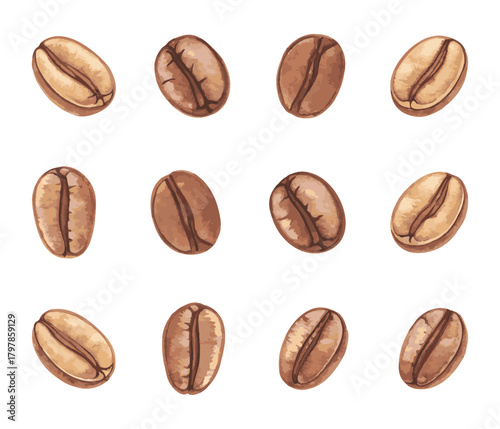 Whimsical and colorful illustration of various coffee beans with a playful and cheerful aesthetic perfect for food and beverage themes