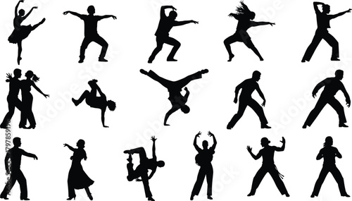 dance, silhouette, movement, pose, ballet, breakdance, couple, solo, leap, acrobatic, expressive, rhythm, performance, graceful, vector