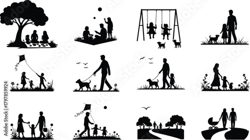 family, outdoor, silhouette, activity, children, parents, picnic, walking, swinging, kite, dog, bonding, nature, leisure, vector