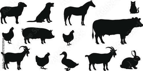 Collection of farm animal silhouettes including sheep dog horse pig cow chicken goat duck and rabbit