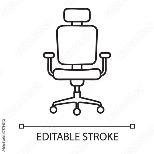 A simple line drawing showcases an office chair with a headrest armrests and a five star base outlined in black