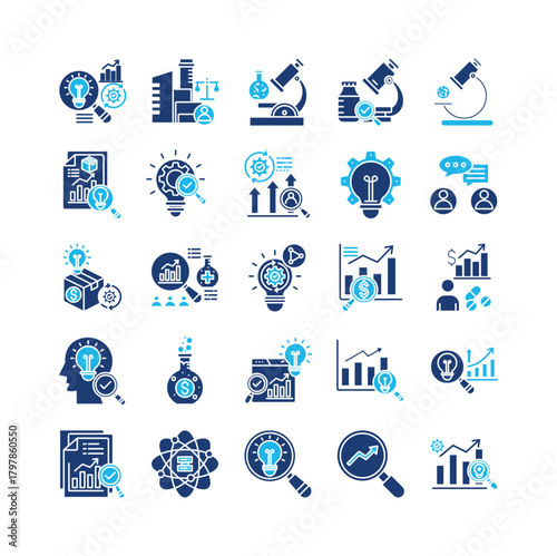 Research and development icon set collection. Containing examine, evolution, increase, operation, searching, profit, employment .Solid vector icons collection