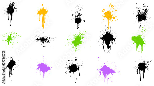 Paint splashes set. Colorful paint splatters. Spray paint blot element vector illustration.
