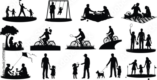 family, outdoor, silhouette, activity, children, parents, park, play, picnic, biking, reading, swinging, bonding, nature, vector