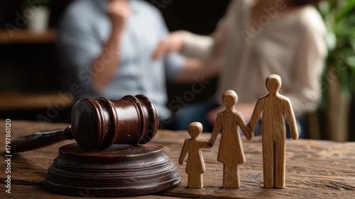 Family figure gavel and wooden figures representing family unity during a legal discussion in a warm, inviting room focused on family law matters