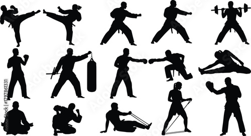 martial, arts, fitness, silhouette, training, kicking, punching, stretching, lifting, meditation, workout, exercise, combat, active, vector