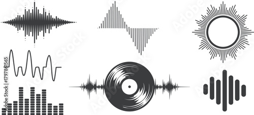 Collection of radio signal frequency and abstract music sound waves, vector illustration.	